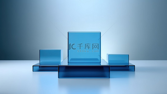简约几何蓝色讲台的真实 3D 渲染，具有三个方形形状，非常适合展示产品