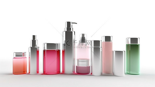 干净的白色背景 3D 渲染上的各种美容产品瓶和罐子