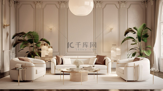 米色沙发背景图片_装饰艺术风格的客厅配有象牙色和乳白色的家具，配有米色沙发和扶手椅 3D 渲染