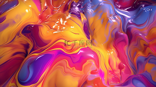 通过 3D 渲染和插图制作的液体抽象背景中令人惊叹的红黄色和紫色色调的融合