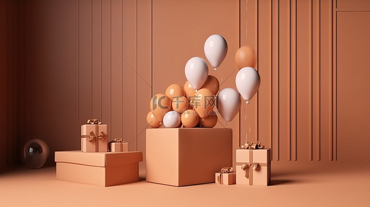 背景丝带背景图片_使用 3D 渲染的内部讲台礼品盒和气球模拟产品展示