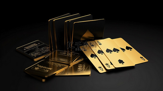 黑色背景扑克牌背景图片_银行卡金色赌场筹码和 3D 渲染中的黑色扑克牌
