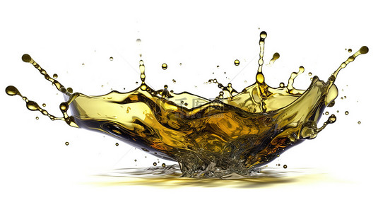金洒背景图片_溅橄榄油或发动机油在 3D 插图中隔离在白色与剪切路径
