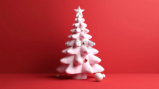 快乐的新年问候红色背景与白色圣诞树精美的 3D 插图为冬季假期