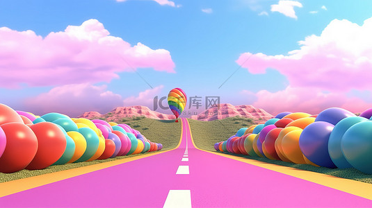 气球漂浮卡通背景图片_异想天开的卡通彩虹路与漂浮的气球