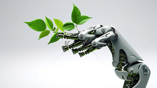 绿色能源环保背景图片_绿色技术进步拥抱生态概念的 3D 渲染机器人手臂