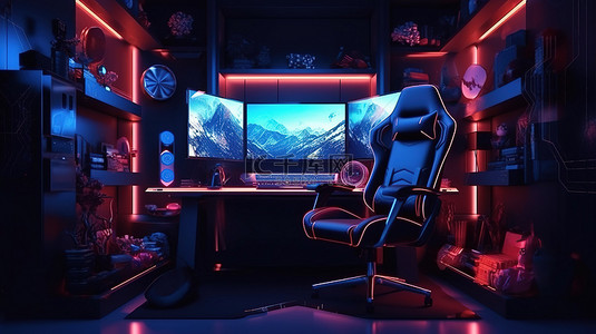 椅子家具背景图片_数字游戏室的 3D 插图是玩家的黑暗霓虹灯天堂，配有电脑显示器和椅子