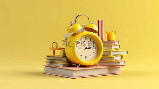 教育概念 3D 渲染黄色闹钟与书架搭配，适合您的模型设计