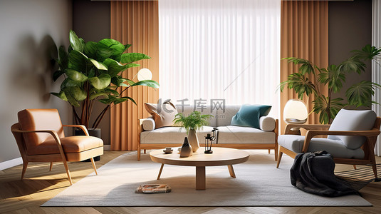 舒适客厅的 3D 渲染，配有扶手椅咖啡桌和木制餐具柜