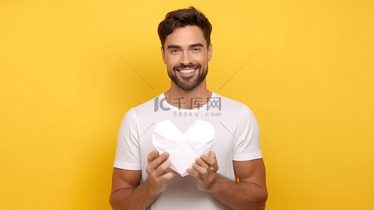 男人的魅力背景图片_穿着美国风格的白色 T 恤散发着魅力，同时在黄色背景上呈现情人节纸制 3D 心形
