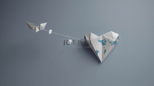 全球爱一架纸飞机在灰色 3D 背景下绕地球翱翔