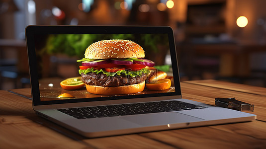汉堡包和笔记本电脑的数字餐 3D 渲染