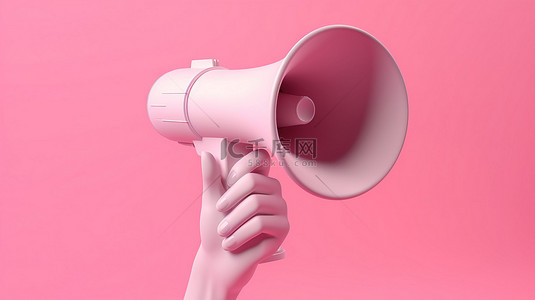3d 插图粉红色背景与卡通手持扩音器扬声器