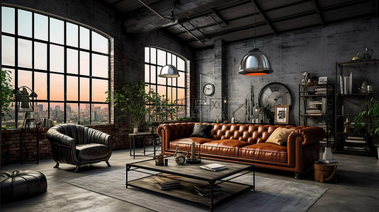 皮革装饰沙发背景背景图片_阁楼客厅的时尚 3D 渲染，装饰有时尚的黑钢和丰富的深棕色皮革家具