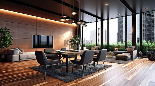 现代餐厅室内家具和装饰设计 3D 渲染