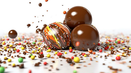 孤立背景上洒有巧克力球糖果的 3D 插图