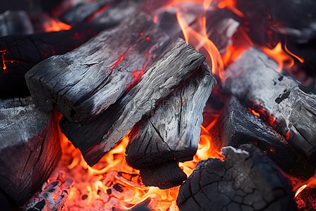 烧烤聚餐照片背景图片_一些木炭烧烤木材的特写