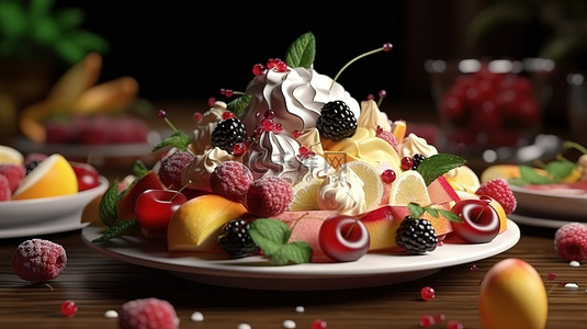 带有水果和浆果的冰淇淋甜点的诱人 3D 插图
