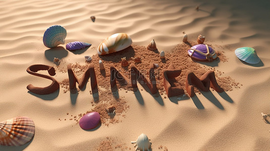书写原则背景图片_夏季彩色文本书写 3d 渲染在沙滩上与贝壳