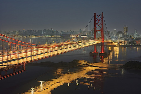两座桥梁在夜间连接城市景观