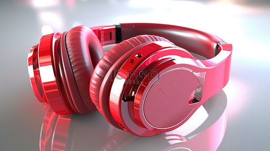 白色背景 3D 渲染的极端特写红色无线耳机