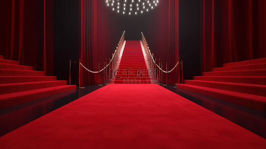 红地毯盛宴由庄严的绳索和豪华的楼梯组成的 3D 渲染，导致戏剧性的窗帘高潮