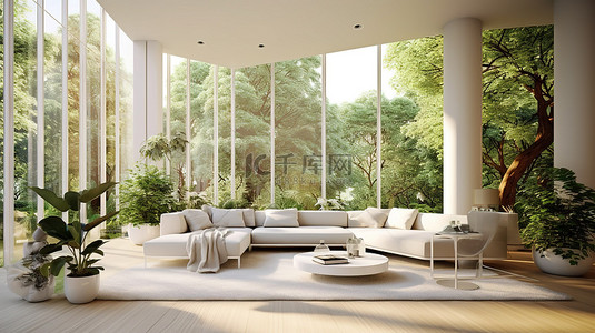 宽敞的 3D 渲染白色客厅，从大窗户可以欣赏到令人惊叹的花园景观