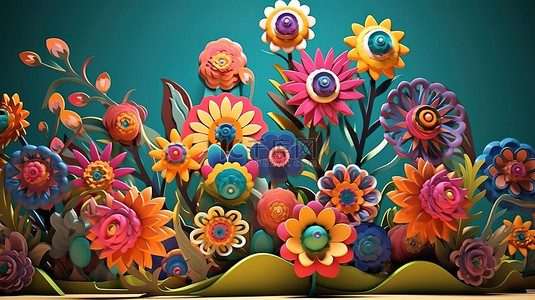 卡通风格的异想天开的 3D 花卉艺术丰富多彩的民间艺术作品