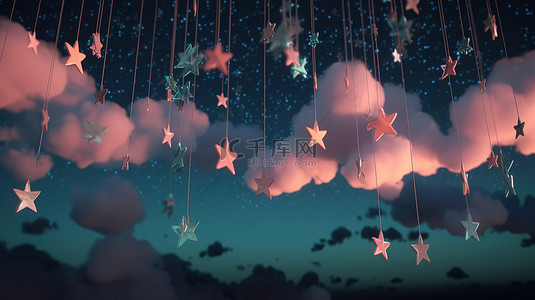 可爱的云彩背景图片_夜空与 3d 渲染柔和的云彩和繁星点缀