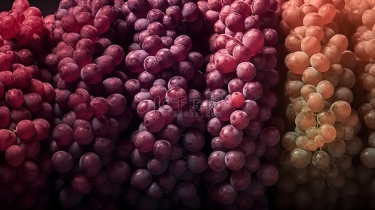 在酒色背景上以 3d 呈现充满活力的葡萄紫色和粉红色串