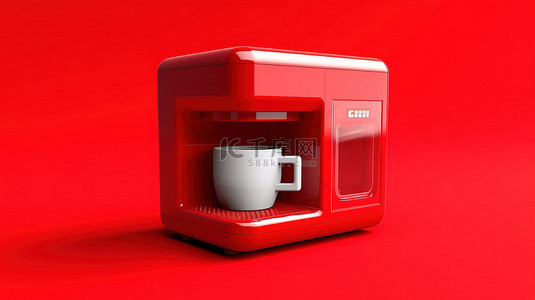 具有微波功能的咖啡机的红色背景单色3D图标