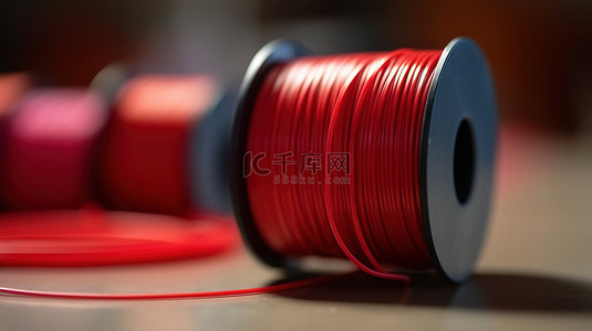 特写视图中的红色 3D 打印机灯丝已准备好在桌子上使用