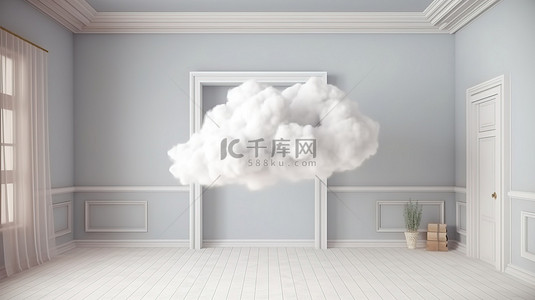 白色的云多背景图片_悬浮概念方框和白色蓬松云在简约的房间内部呈现