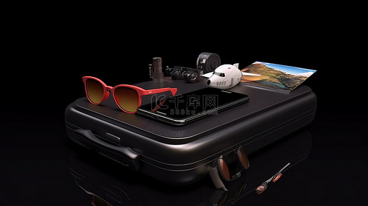 风格之旅 3D 渲染手提箱相机飞机智能手机色调和时尚黑色背景上的救生圈