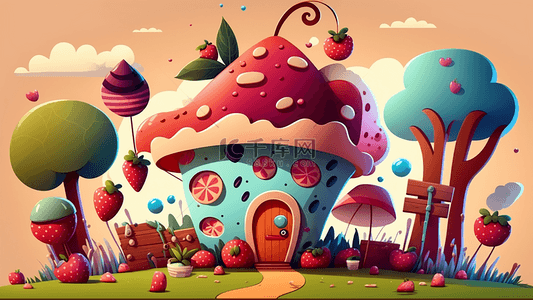 野生菌插画背景图片_卡通红蘑菇小屋背景