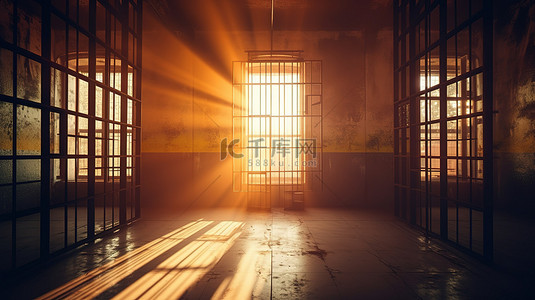 囚禁和照明监狱内部的 3D 渲染，光束透过铁栅窗过滤