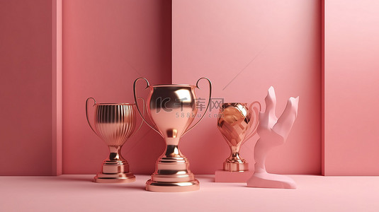 优胜者设计背景图片_粉红色背景中金银铜奖杯的最小 3d 设计是一个成功的概念