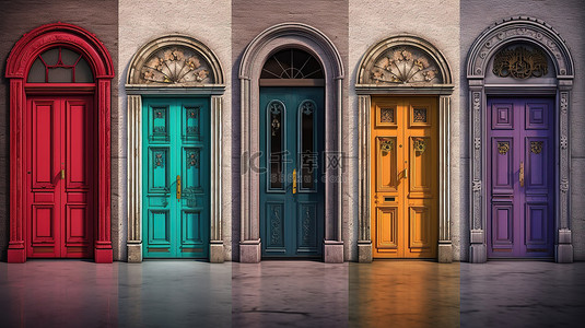 家装风格背景图片_3D 渲染的多种风格的彩色门