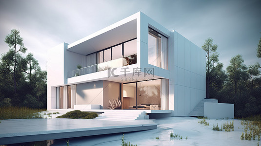 屋顶露台背景图片_3d 渲染中的现代住宅插图