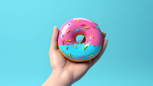 面包店海报背景图片_异想天开的卡通手与令人愉快的甜甜圈完美适合面包店糖果店或咖啡店促销 3D 渲染