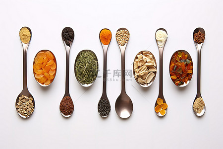 凉茶过程背景图片_装有不同种类维生素的棕色玻璃勺子凉茶和听诊器