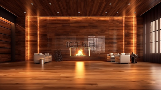 高端酒店大堂设有壁炉和电视，时尚的木墙配有优雅的 3D 渲染