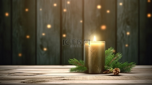 木质背景，配有绿色圣诞树枝和蜡烛装饰，为冬季假期提供豪华的 3D 插图