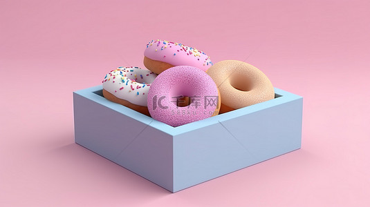 甜点粉色背景图片_创意最小甜甜圈盒设计的等距粉色和蓝色空间渲染