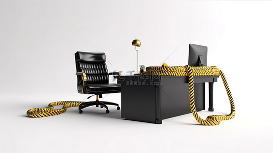 封闭式贸易展览以屏障绳黑色皮革老板椅和白色背景 3D 渲染上的金色奖杯为特色