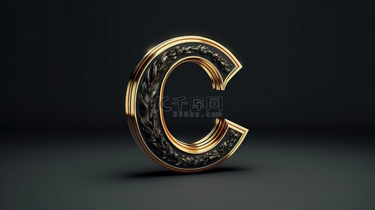黑色字母 c 手写脚本字体的 3d 渲染
