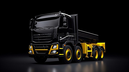 黑色背景下带有黄色底盘的黑色重型卡车的 3D 渲染