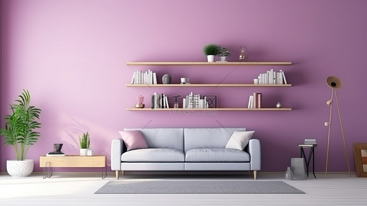 紫色家居背景图片_现代简约紫色客厅的美学 3D 渲染