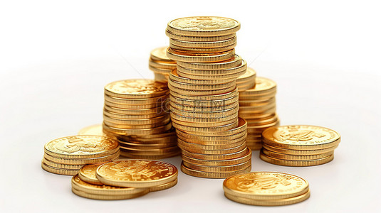 俄罗斯卢布硬币下降并在白色背景上孤立形成一堆的 3D 渲染