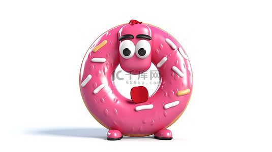 吃糕点背景图片_白色背景上穿着草莓粉色釉面甜甜圈字符吉祥物的救生圈的 3D 渲染